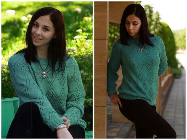 Raglan-Pulli mit Ajour-Rautenmuster